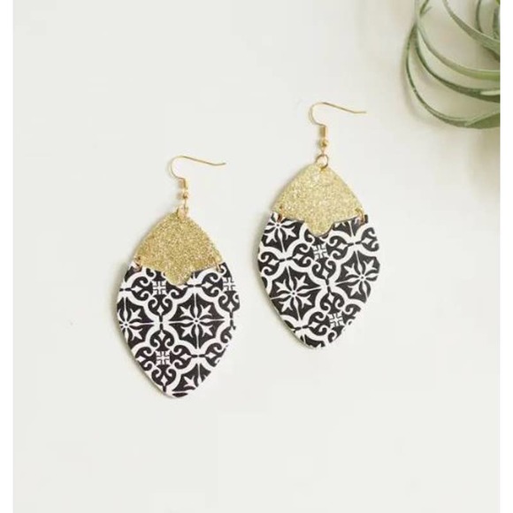 Funky Monkey Jewelry - Black White Gold Mosaic Dangle Drop Hinged Earrings